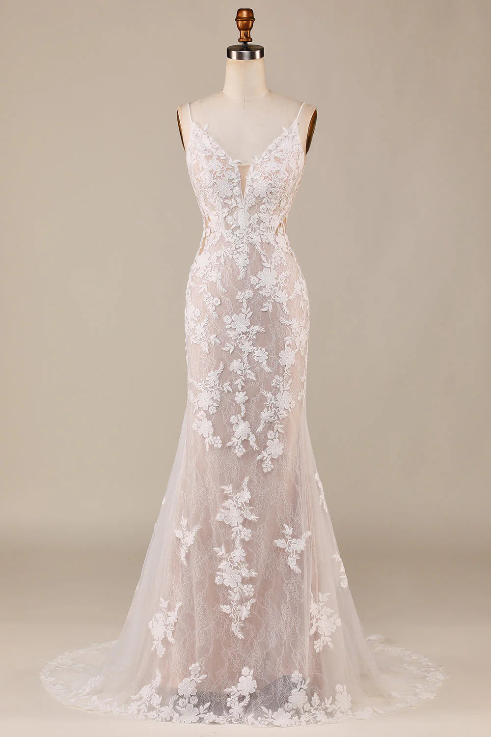 Charmante robe de mariée longue ivoire à bretelles spaghetti et sirène
